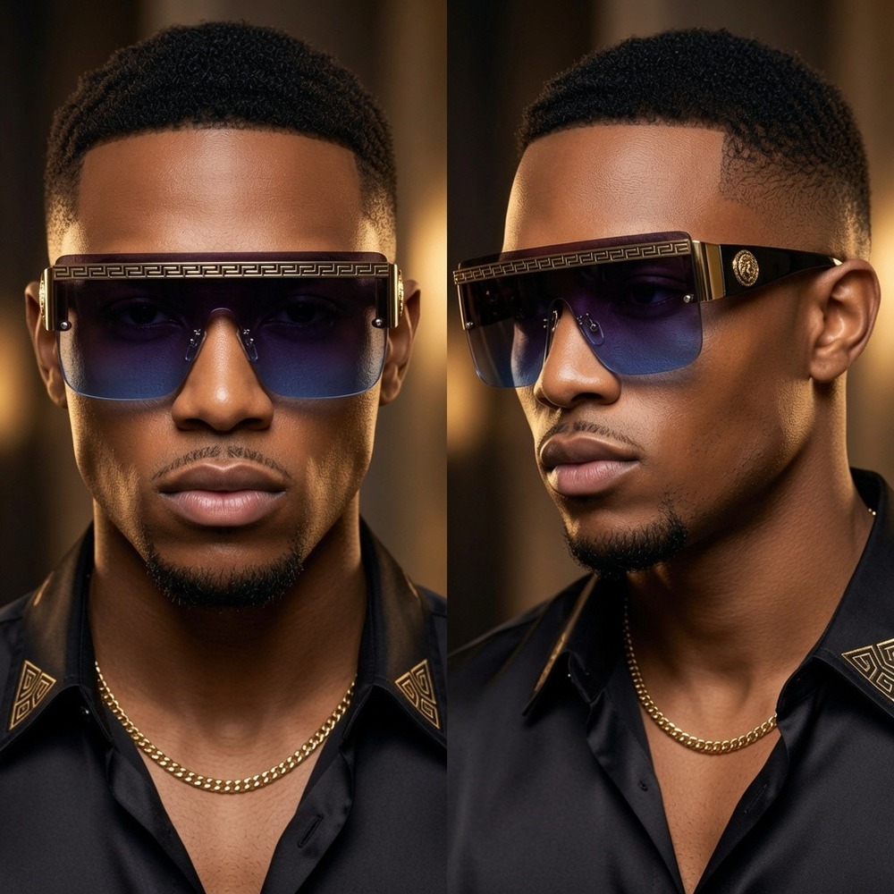 Men Streetwear Sunglasses Lion Medallion Blue Lens Clubwear Rap Bold Eyewear New